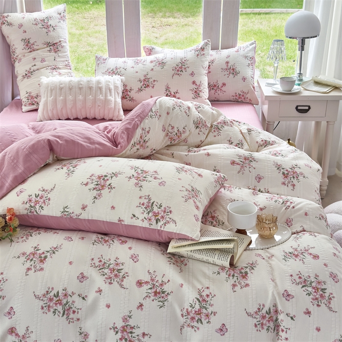 91家纺网 家纺一手货源 找家纺 富之航 2024新款云纱棉四件套现货供应 花枝江