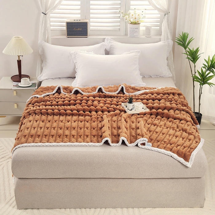 91家纺网 家纺一手货源 找家纺 赋雅家纺-毛毯-绒品套件专家 2025新款仿裘皮兔绒毛毯 咖色