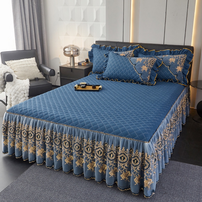 91家纺网 家纺一手货源 找家纺 （总）罗艺轩 2024新款色织蕾丝夹棉床裙三件套-皇家贵族