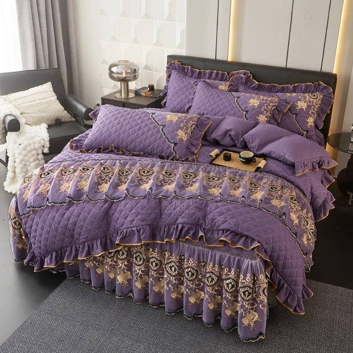 91家纺网 家纺一手货源 找家纺 罗艺轩 2024新款色织蕾丝夹棉床裙款四件套-皇家贵族 皇家贵族-魅力紫