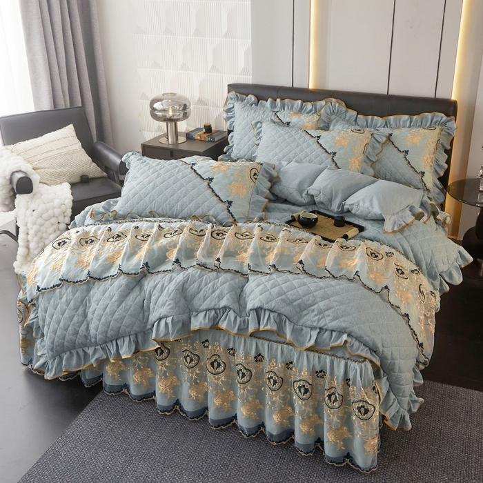 91家纺网 家纺一手货源 找家纺 罗艺轩 2024新款色织蕾丝夹棉床裙款四件套-皇家贵族 皇家贵族-石青色