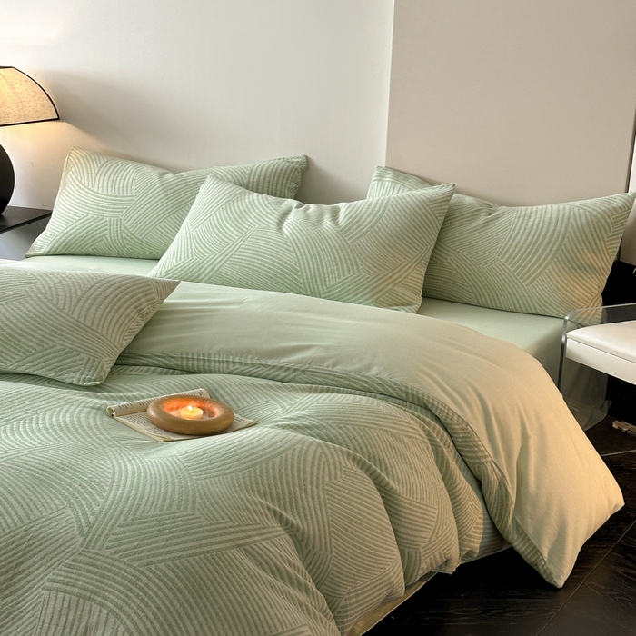 91家纺网 家纺一手货源 找家纺 博雅 2024新款全棉提花三层纱磨毛四件套（上图送2000元货款） 西西里（绿）