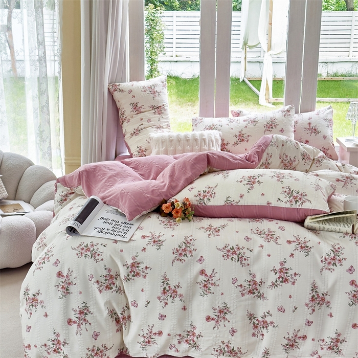 91家纺网 家纺一手货源 找家纺 富之航 2024新款云纱棉四件套现货供应 花枝江