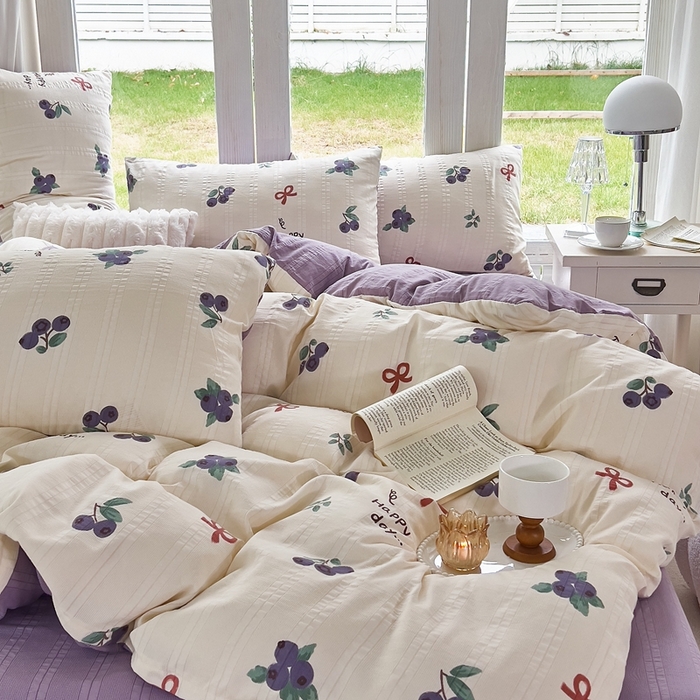 91家纺网 家纺一手货源 找家纺 富之航 2024新款云纱棉四件套现货供应 蓝莓