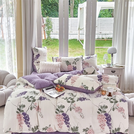 91家纺网 家纺一手货源 找家纺 富之航 2024新款云纱棉四件套现货供应 紫藤