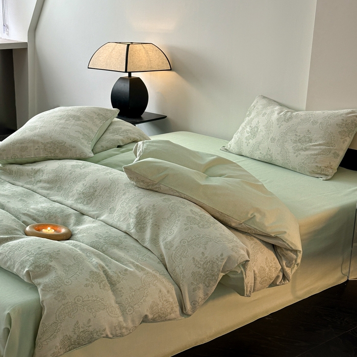 91家纺网 家纺一手货源 找家纺 博雅 2024新款全棉提花三层纱磨毛四件套（上图送2000元货款） 玫瑰面纱（绿）