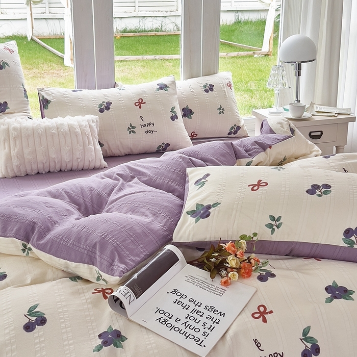 91家纺网 家纺一手货源 找家纺 富之航 2024新款云纱棉四件套现货供应 蓝莓