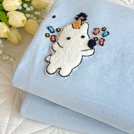 韩巢家纺 2024新款四季通用超柔水洗棉毛巾绣单件被套-动物乐园系列（提供卖家秀 ） 动物乐园浅蓝