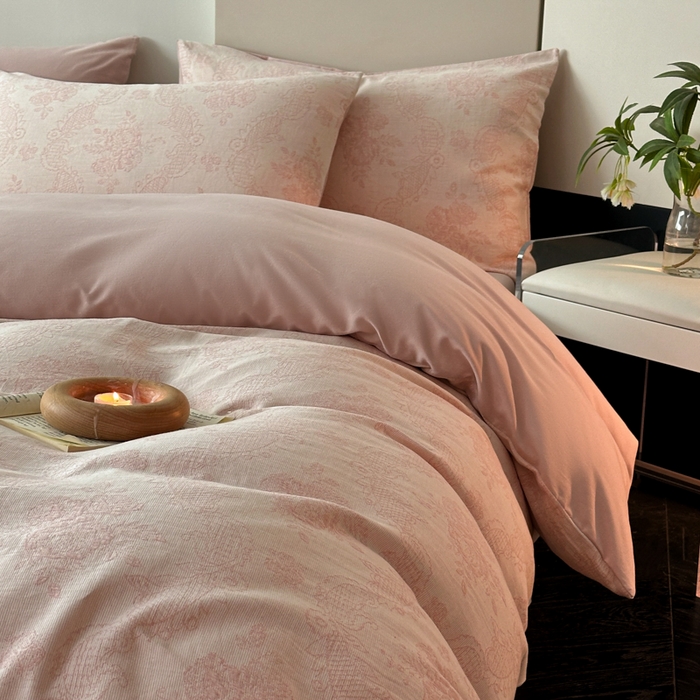 91家纺网 家纺一手货源 找家纺 博雅 2024新款全棉提花三层纱磨毛四件套（上图送2000元货款） 玫瑰面纱（粉）