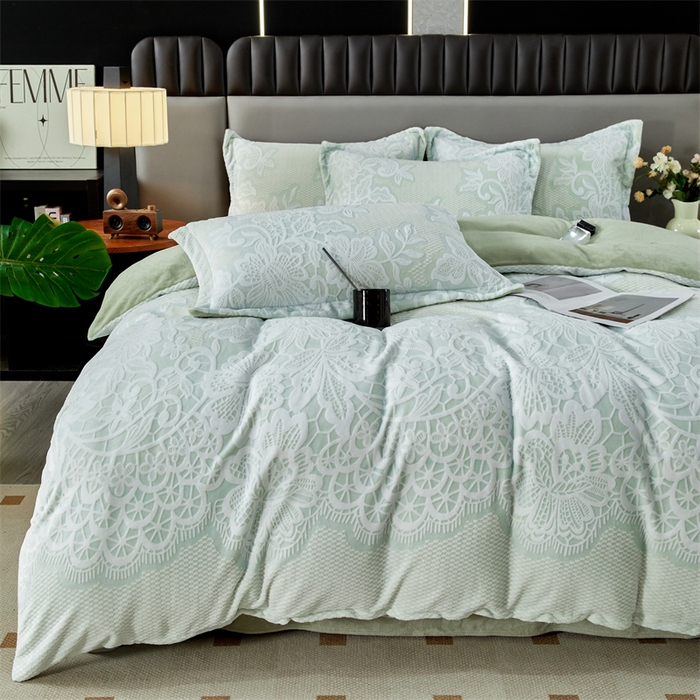 91家纺网 家纺一手货源 找家纺 2024新款A类8斤雕花绒牛奶绒四件套 蔷薇花语-绿