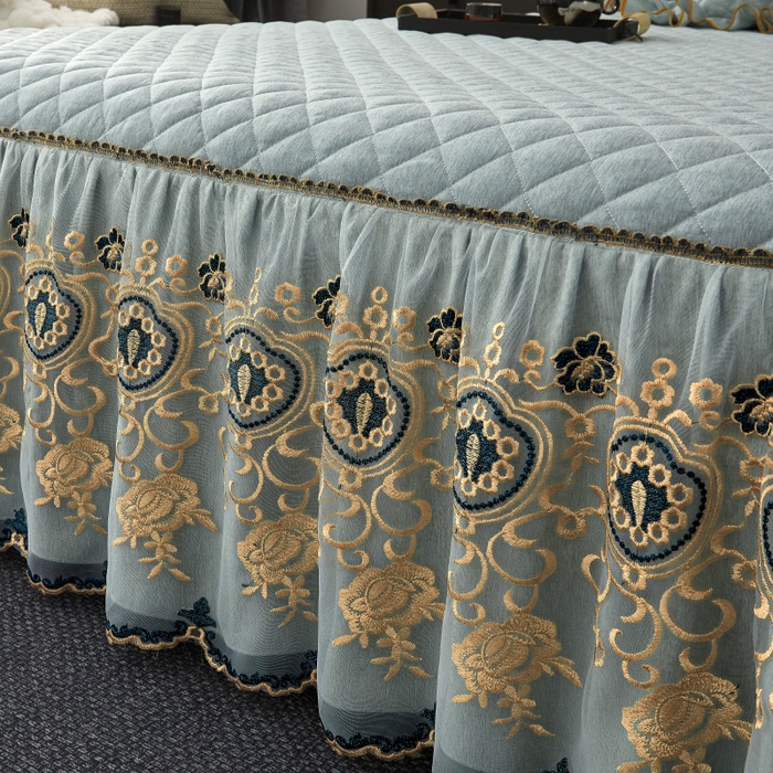 91家纺网 家纺一手货源 找家纺 罗艺轩 2024新款色织蕾丝夹棉床裙三件套-皇家贵族 皇家贵族-石青色