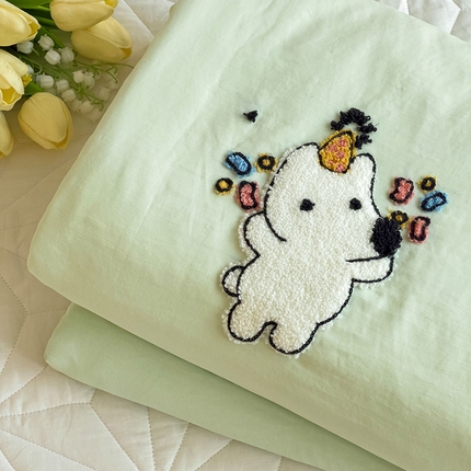 韩巢家纺 2024新款四季通用超柔水洗棉毛巾绣单件被套-动物乐园系列（提供卖家秀 ） 动物乐园浅绿黄