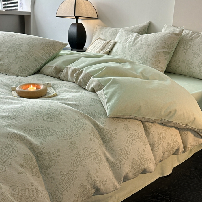 91家纺网 家纺一手货源 找家纺 博雅 2024新款全棉提花三层纱磨毛四件套（上图送2000元货款） 玫瑰面纱（绿）