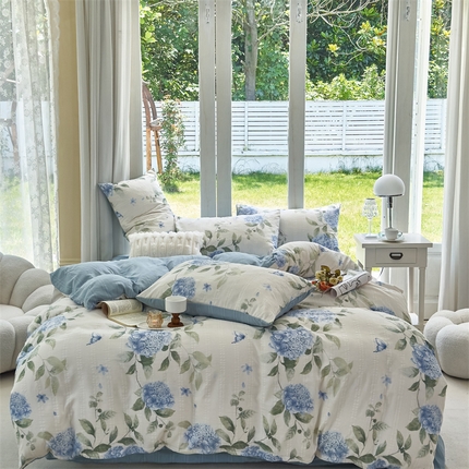 91家纺网 家纺一手货源 找家纺 富之航 2024新款云纱棉四件套现货供应 绣球