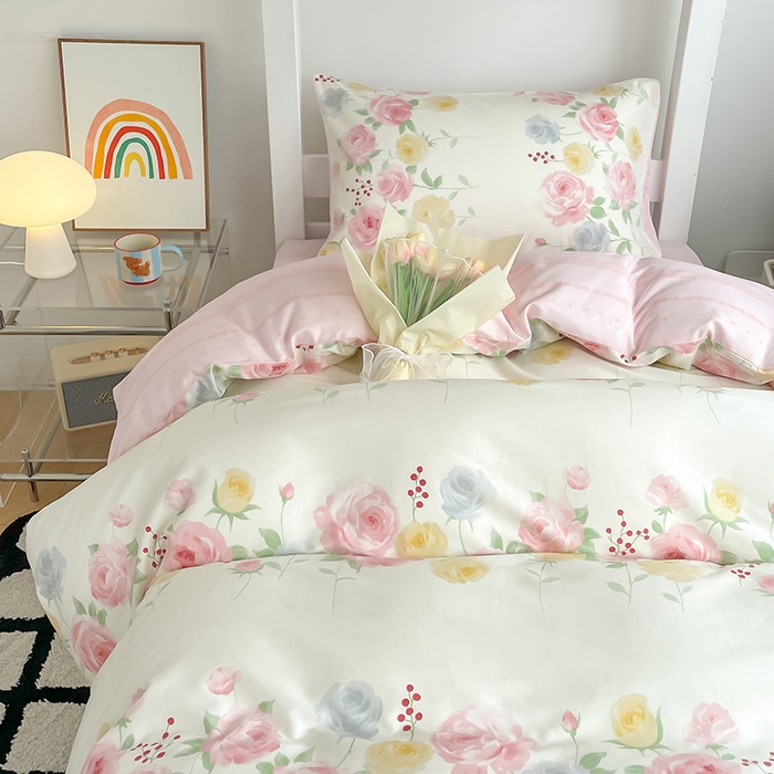 91家纺网 家纺一手货源 找家纺 蓝邻家纺 2024新款小清新印花全棉四件套学生宿舍三件套 筱薇