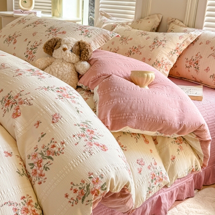 富之航家纺 2024爆款提花四件套云彩棉提花床盖四件套 花季