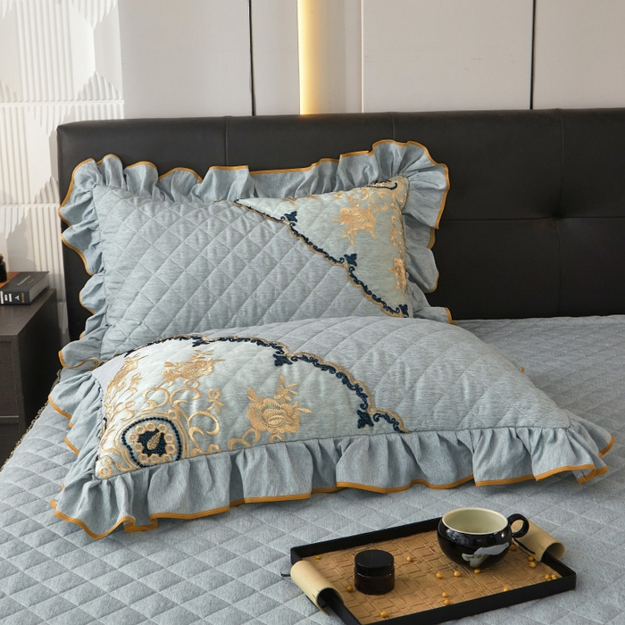 91家纺网 家纺一手货源 找家纺 罗艺轩 2024新款色织蕾丝夹棉床裙款四件套-皇家贵族 皇家贵族-石青色