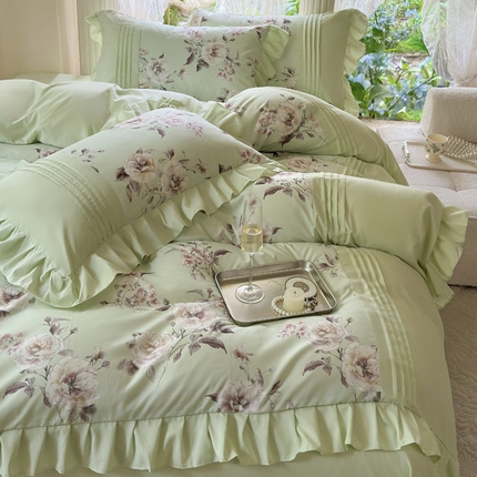 91家纺网 家纺一手货源 找家纺 豪美鑫 2025新款柔肤棉印花花边四件套-初恋 初恋-豆绿