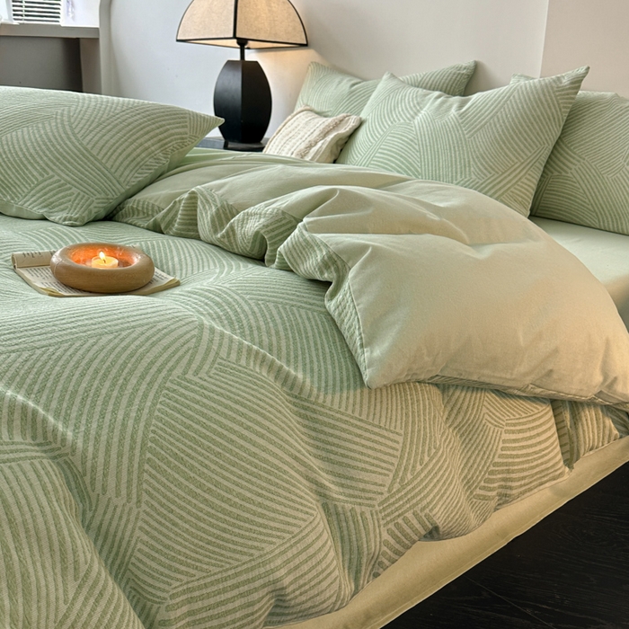 91家纺网 家纺一手货源 找家纺 博雅 2024新款全棉提花三层纱磨毛四件套（上图送2000元货款） 西西里（绿）