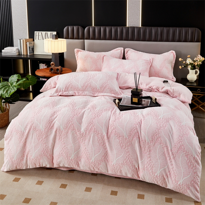 91家纺网 家纺一手货源 找家纺 2024新款A类8斤雕花绒牛奶绒四件套 秋思-粉