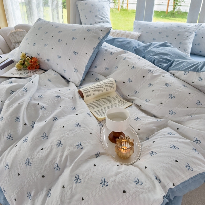 91家纺网 家纺一手货源 找家纺 富之航 2024新款云纱棉四件套现货供应 蓝语