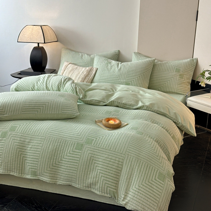 91家纺网 家纺一手货源 找家纺 博雅 2024新款全棉提花三层纱磨毛四件套（上图送2000元货款） 意象空间（绿）