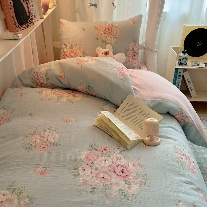 91家纺网 家纺一手货源 找家纺 繁花 2024新款亲肤水洗棉学生宿舍三件套四件套 粉粉蔷薇