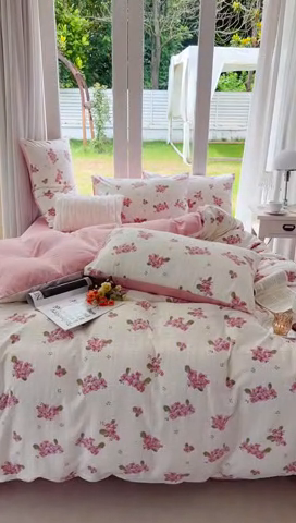 91家纺网 家纺一手货源 找家纺 富之航 2024新款云纱棉四件套现货供应 粉黛罗