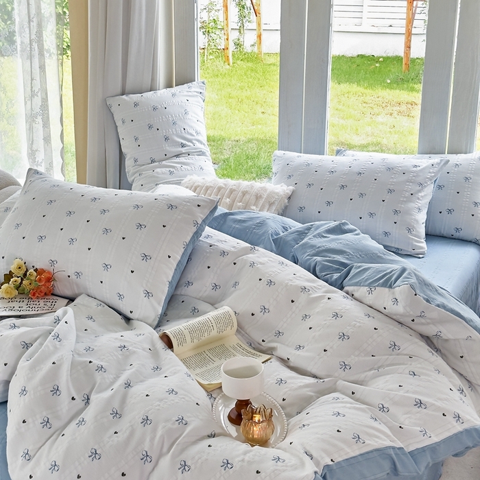 91家纺网 家纺一手货源 找家纺 富之航 2024新款云纱棉四件套现货供应 蓝语