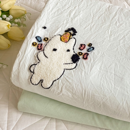 91家纺网 家纺一手货源 找家纺 韩巢家纺 2024新款四季通用超柔水洗棉毛巾绣单件被套-动物乐园系列（提供卖家秀 ） 动物乐园白绿