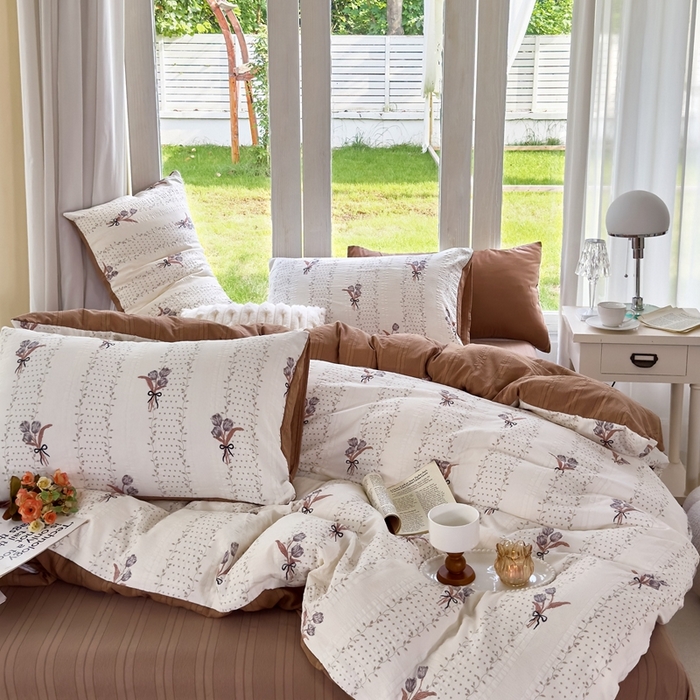 91家纺网 家纺一手货源 找家纺 富之航 2024新款云纱棉四件套现货供应 花艺咖