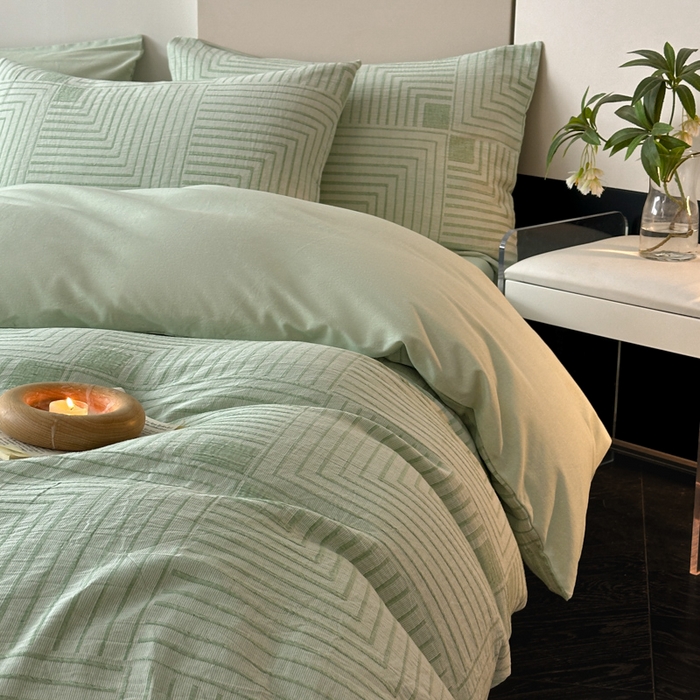 91家纺网 家纺一手货源 找家纺 博雅 2024新款全棉提花三层纱磨毛四件套（上图送2000元货款） 意象空间（绿）