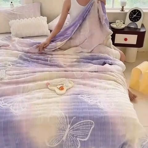 91家纺网 家纺一手货源 找家纺 言熙居家纺 2024新款AB版多功能盖毯被套 蝴蝶-粉紫