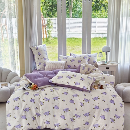 91家纺网 家纺一手货源 找家纺 富之航 2024新款云纱棉四件套现货供应 紫黛罗