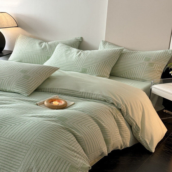 91家纺网 家纺一手货源 找家纺 博雅 2024新款全棉提花三层纱磨毛四件套（上图送2000元货款） 意象空间（绿）