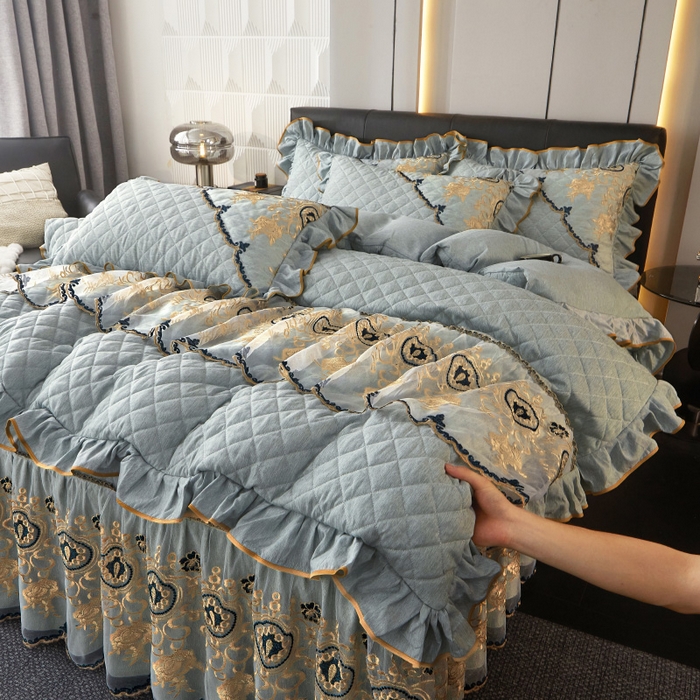 91家纺网 家纺一手货源 找家纺 罗艺轩 2024新款色织蕾丝夹棉床裙款四件套-皇家贵族 皇家贵族-石青色