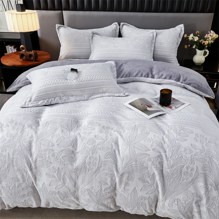 91家纺网 家纺一手货源 找家纺 2024新款A类8斤雕花绒牛奶绒四件套 芳草-灰