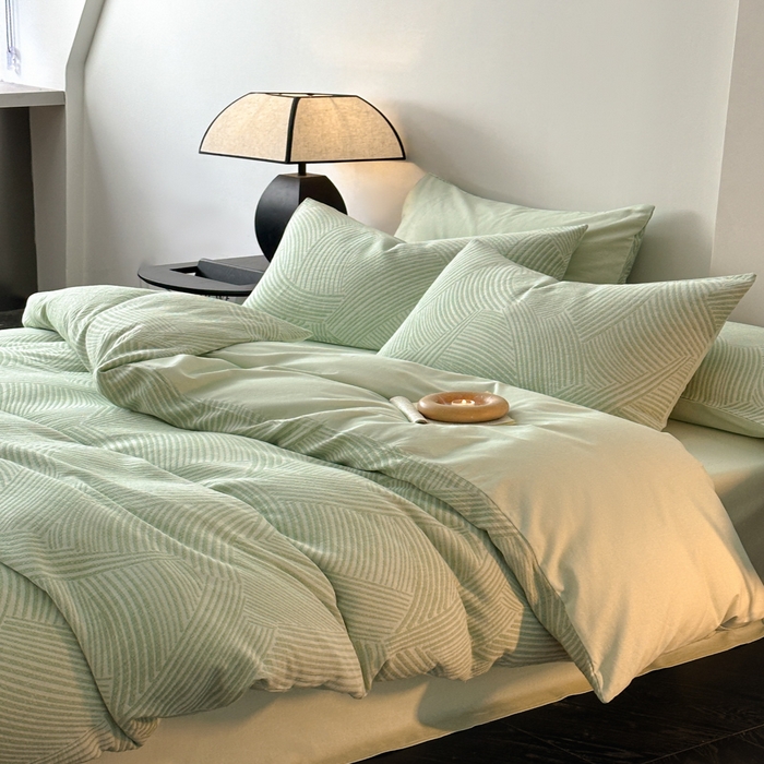 91家纺网 家纺一手货源 找家纺 博雅 2024新款全棉提花三层纱磨毛四件套（上图送2000元货款） 西西里（绿）