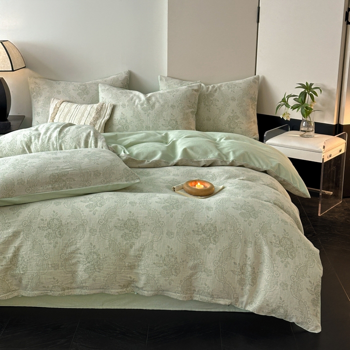 91家纺网 家纺一手货源 找家纺 博雅 2024新款全棉提花三层纱磨毛四件套（上图送2000元货款） 玫瑰面纱（绿）