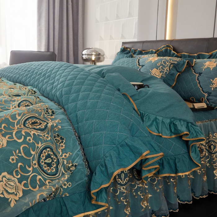 91家纺网 家纺一手货源 找家纺 罗艺轩 2024新款色织蕾丝夹棉床裙款四件套-皇家贵族 皇家贵族-黛绿色