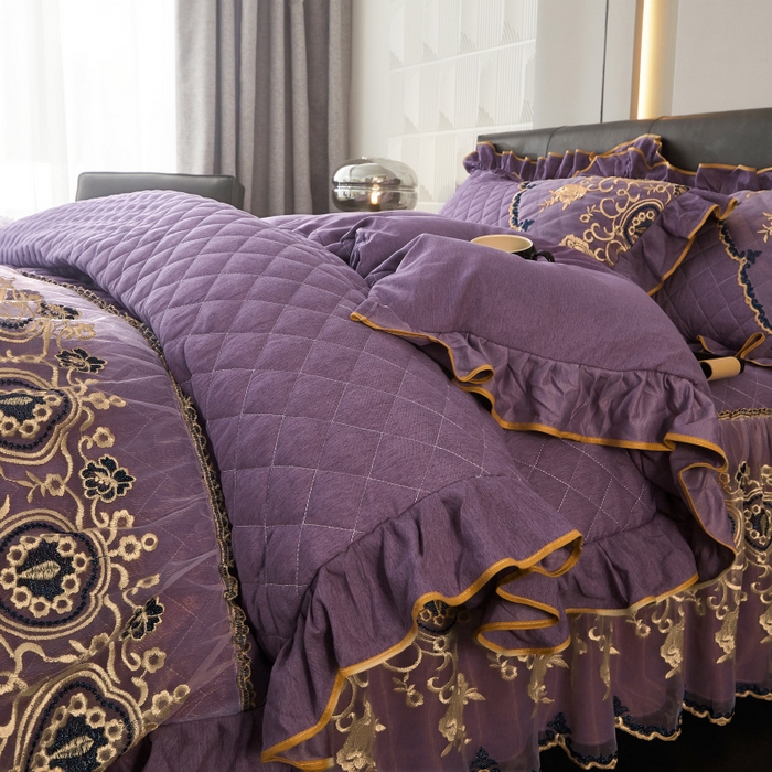 91家纺网 家纺一手货源 找家纺 罗艺轩 2024新款色织蕾丝夹棉床裙款四件套-皇家贵族 皇家贵族-魅力紫