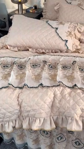 91家纺网 家纺一手货源 找家纺 罗艺轩 2024新款色织蕾丝夹棉床裙款四件套-皇家贵族 皇家贵族-香妃粉