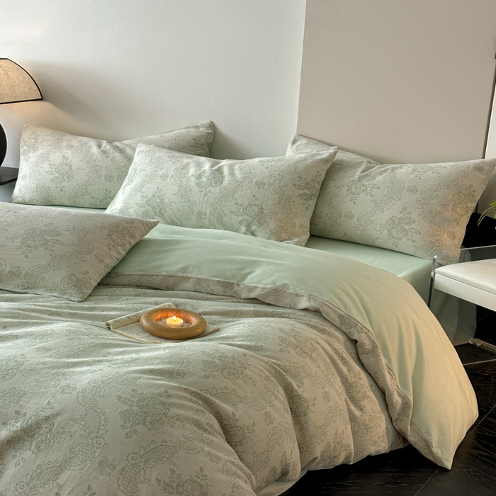 91家纺网 家纺一手货源 找家纺 博雅 2024新款全棉提花三层纱磨毛四件套（上图送2000元货款） 玫瑰面纱（绿）