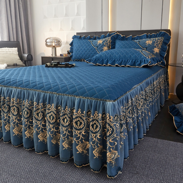 91家纺网 家纺一手货源 找家纺 （总）罗艺轩 2024新款色织蕾丝夹棉床裙三件套-皇家贵族