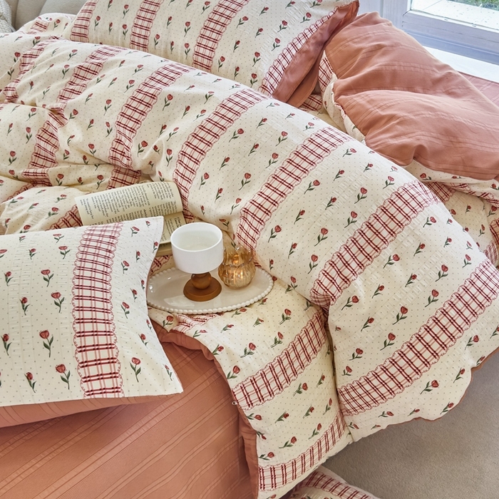 91家纺网 家纺一手货源 找家纺 富之航 2024新款云纱棉四件套现货供应 复古玫瑰