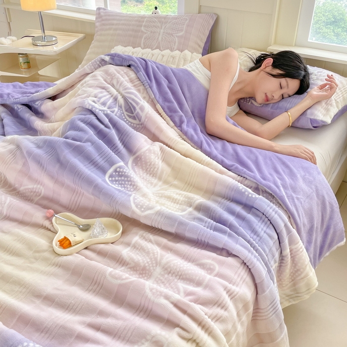 91家纺网 家纺一手货源 找家纺 言熙居家纺 2024新款AB版多功能盖毯被套 蝴蝶-粉紫