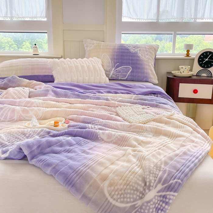 91家纺网 家纺一手货源 找家纺 言熙居家纺 2024新款AB版多功能盖毯被套 蝴蝶-粉紫