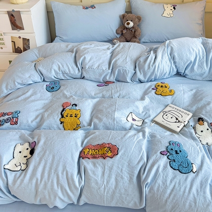 韩巢家纺 2024新款四季通用超柔水洗棉毛巾绣四件套-动物乐园系列（提供卖家秀） 动物乐园浅蓝