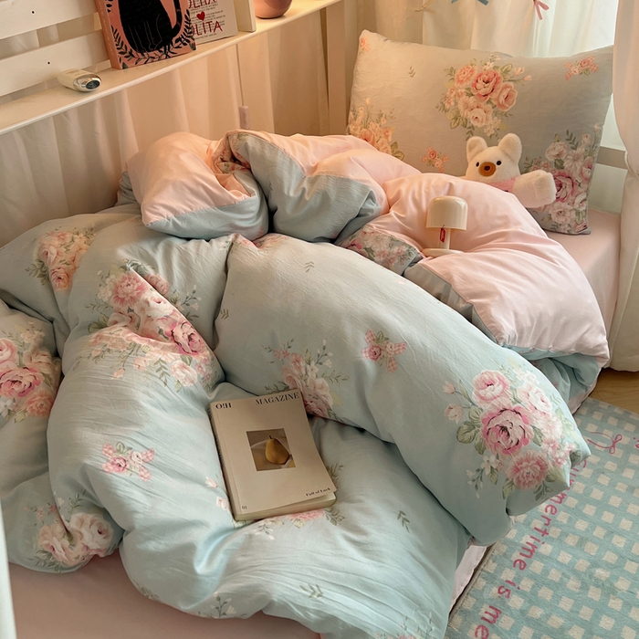 91家纺网 家纺一手货源 找家纺 繁花 2024新款亲肤水洗棉学生宿舍三件套四件套 粉粉蔷薇