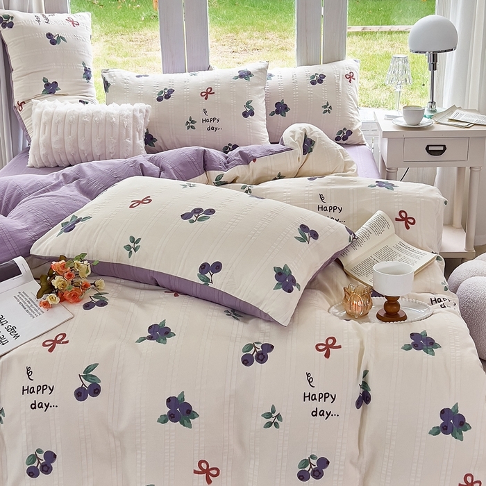 91家纺网 家纺一手货源 找家纺 富之航 2024新款云纱棉四件套现货供应 蓝莓